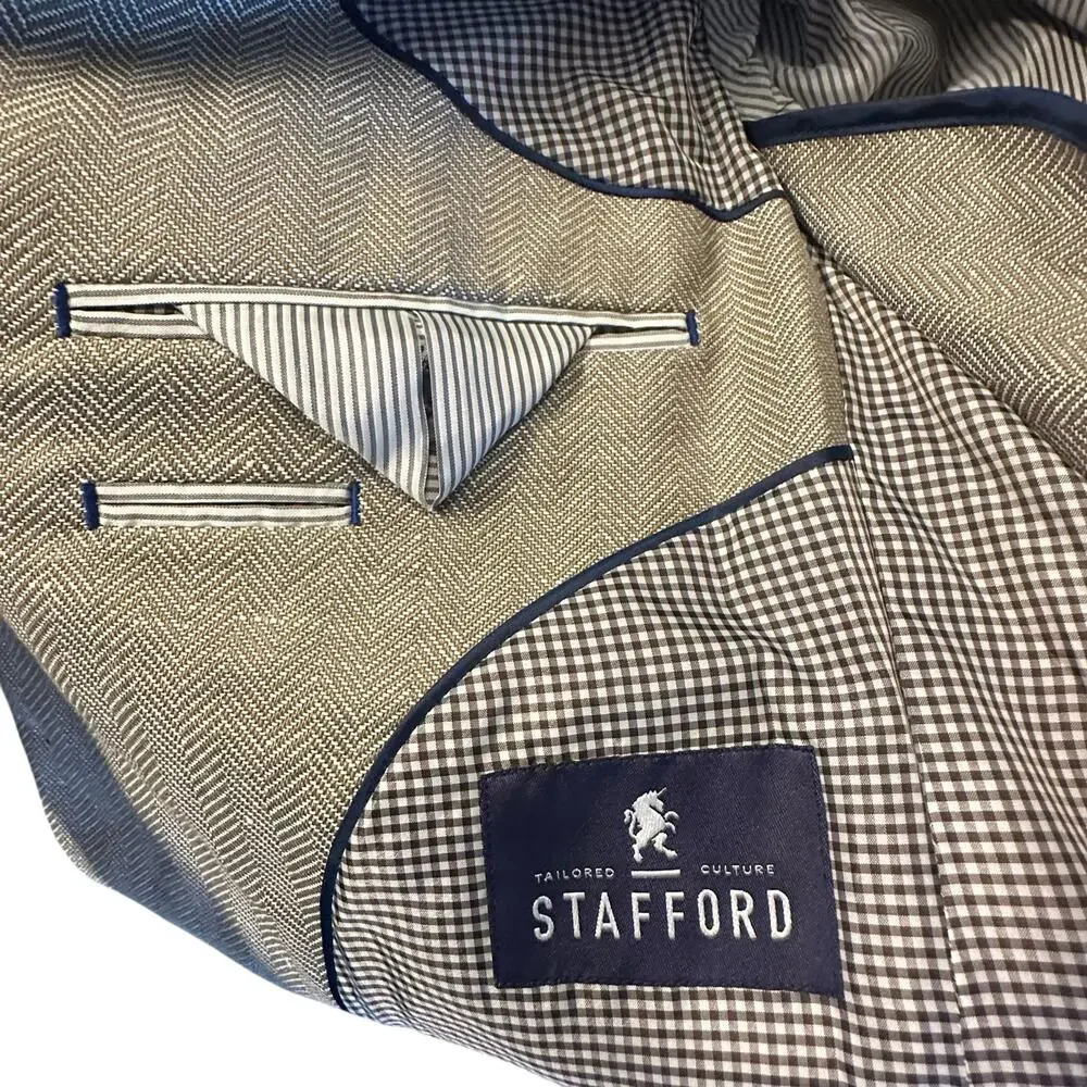 Stafford Men’s Taupe Herringbone Slim Fit Linen Wool Sports Coat Blazer Size 40L